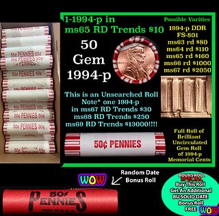 THIS AUCTION ONLY! BU Shotgun Lincoln 1c roll, 1994-p 50 pcs Plus one bonus random date BU roll! Bank Wrapper 50c