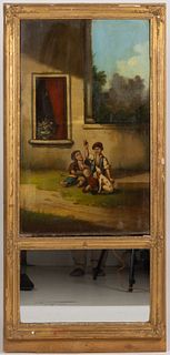 CONTINENTAL TRUMEAU MIRROR WITH PORTRAIT OF BOYS AND DOG