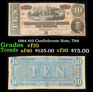 1864 $10 Confederate Note, T68 Grades vf++