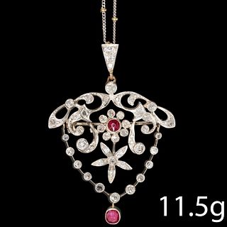 BEAUTIFUL BELLE EPOQUE RUBY AND DIAMOND PENDANT/BROOCH NECKLACE