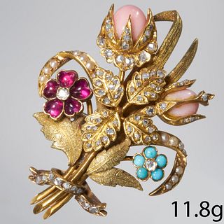 CONCH PEARLS, DIAMOND, TURQUOISE, TOURMALINE AND SEED PEARL FLORAL BROOCH
