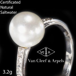 VAN CLEEF & ARPELS, RARE CERTIFICATED NATURAL SALTWATER PEARL AND DIAMOND RING