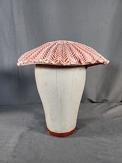 Vintage c1950 Pink Chevron Pleated Wide Brim Hat