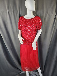 Vintage Red Beaded Oleg Cassini Dress