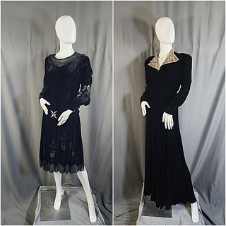 2 Vintage 1920s-1940s Black Velvet Dresses 