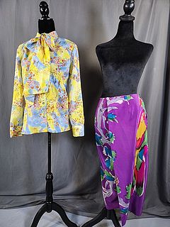 Vintage Polyester Blouse and Silk Skirt with Birds