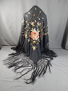 Antique Asian Embroidered Black Fringe Shawl 