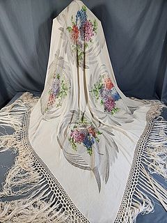 Vintage Ivory Silk Shawl - Printed Flowers