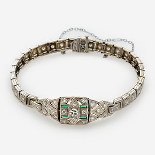  18k Art Deco Diamond Emerald Bracelet