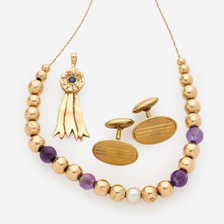  Lot of 14k Jewelry: Gold Amethyst Bead Necklace, Cufflinks, Sapphire Pendant