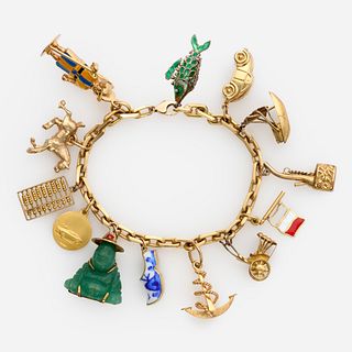  18k Gold Charm Bracelet w/ 13 charms: buddah, car, ship, horse etc.