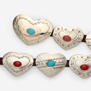  Mexico Heart Concho Belt with Turquoise, Coral and Stampwork