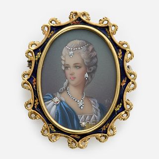  18k Painted Portrait Brooch Pendant  w/ Diamonds Signed ‘HIL’, Italy