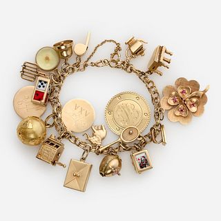  14k Charm Bracelet w/ 14k charms, Several Articulating "Good Luck" theme, 36.9 dwt