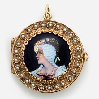  14k French Painted Enameled 4-Photo Locket w/Seed Pearls