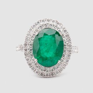 18K White Gold, Emerald, and Diamond Ring