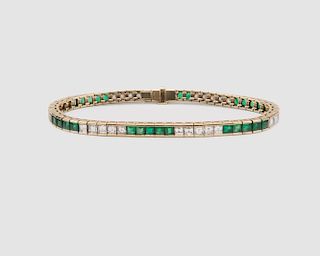 14K Yellow Gold, Diamond, and Emerald Line Bracelet