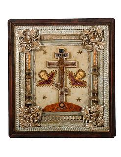 An Icon of a Beaded Crucifixion with Angels, in Kiot.