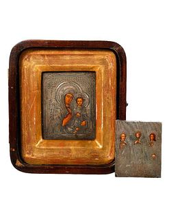 Two Russian Silver Miniature Icons, One in Kiot.