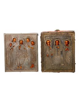 Two Russian Silver Miniature Icons, Christ and Saints.