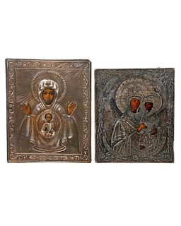 Two Miniature Russian Silver Icons of Theotokos.