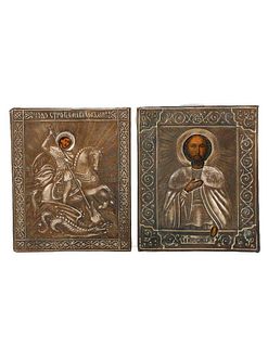 Two Russian Silver Miniature Icons, Saint George and Alexander.
