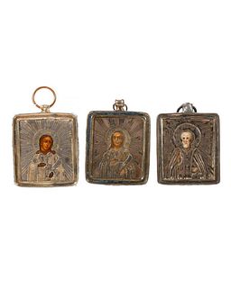 Three Russian Silver Miniature Icons, Saint Sergius and Others.