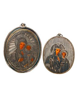 Two Russian Miniature Oval Icons of the Theotokos.