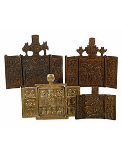 A Brass Miniature Folding Icon, with others.