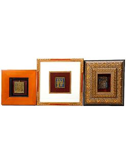 Three Miniature Enamel Icon Plaques, Framed.