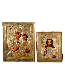 Two Gilt-Metal Icons, Theotokos and Christ.
