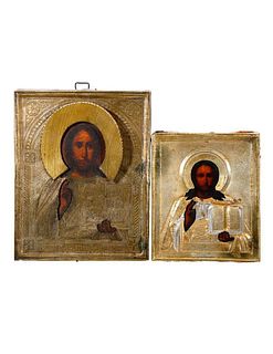 Two Gilt-Metal Icons of Christ Pantocrator.