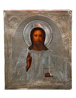 A Framed Silver Metal Icon of Christ Pantocrator.