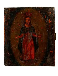 Folk Painting of the Virgin On Wood Panel.