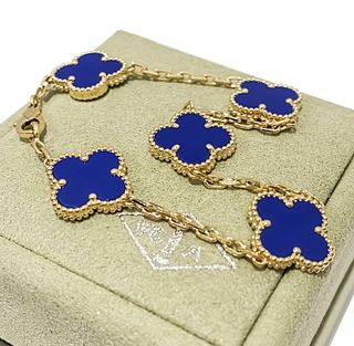Van Cleef & Arpels 18K Yellow Gold Lapis Lazuli 5 Vintage Alhambra Motifs Bracelet