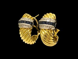 David Yurman 18K Yellow Gold Sapphire and Diamond Scalloped Cable Hoop Earrings