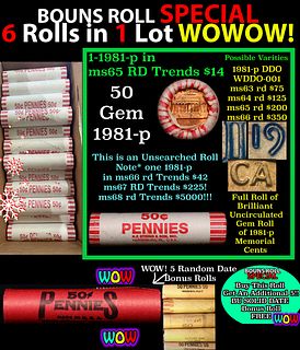 THIS AUCTION ONLY! BU Shotgun Lincoln 1c roll, 1981-p 50 pcs Plus FIVE bonus random date BU roll! Bank Wrapper 50c