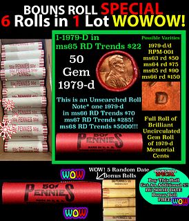 THIS AUCTION ONLY! BU Shotgun Lincoln 1c roll, 1979-d 50 pcs Plus FIVE bonus random date BU roll! Bank Wrapper 50c