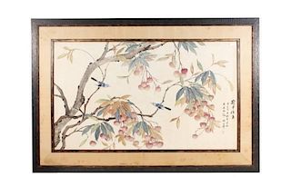 Chinese Painting w/Birds Amid Lychee Berries