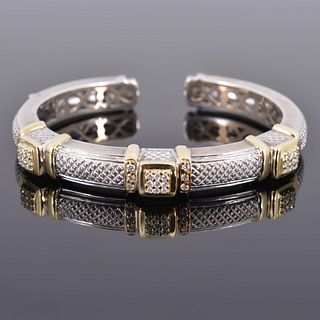 Judith Ripka 18K, Sterling Silver & Diamond Hinged Cuff Estate Bracelet
