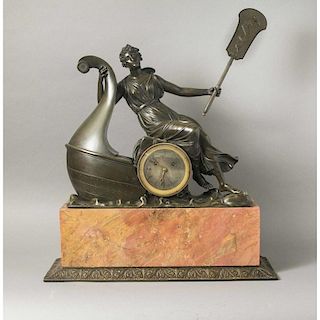 Bronze & Marble Figural Clock Featuring Cleopatra on her Barge