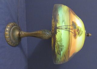 Phoenix reverse painted glass & bronzed table lamp