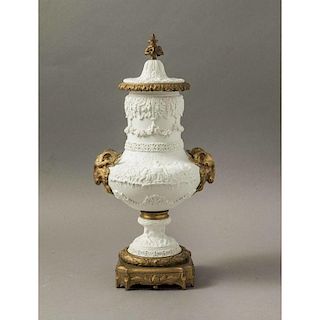 Sevres Style Covered Bisque Porcelain Urn with Bronze Mounts