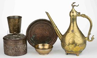 ASSORTED PERSIAN BRASS AND COPPER ARTICLES, LOT OF FIVE