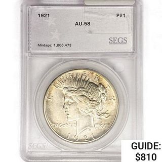 1921 Silver Peace Dollar SEGS AU58 