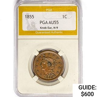 1855 Large Cent PGA AU55 N-9, Knob Ear