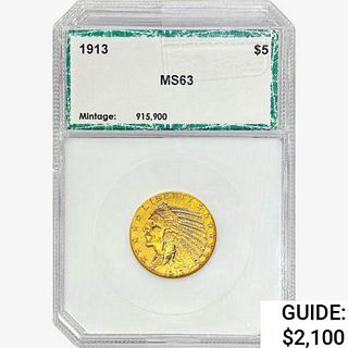 1913 $5 Gold Half Eagle PCI MS63 