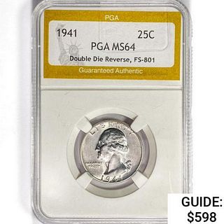 1941 Washington Silver Quarter PGA MS64 DDR,FS-801