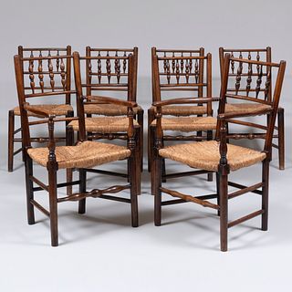 Set of Eight English Provincial Oak and Rush Seat Dining Chairs