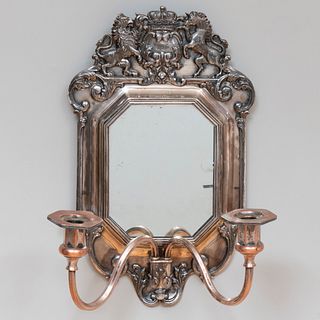 William and Mary Style Silvered Metal Two-Light Mirrored Wall Sconce